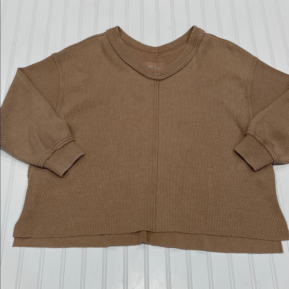 AERIE WOMENS TAN THERMAL RIBBED V-NECK OVERSIZED LONG SLEEVE SHIRT SIZE LARGE - Picture 3 of 8